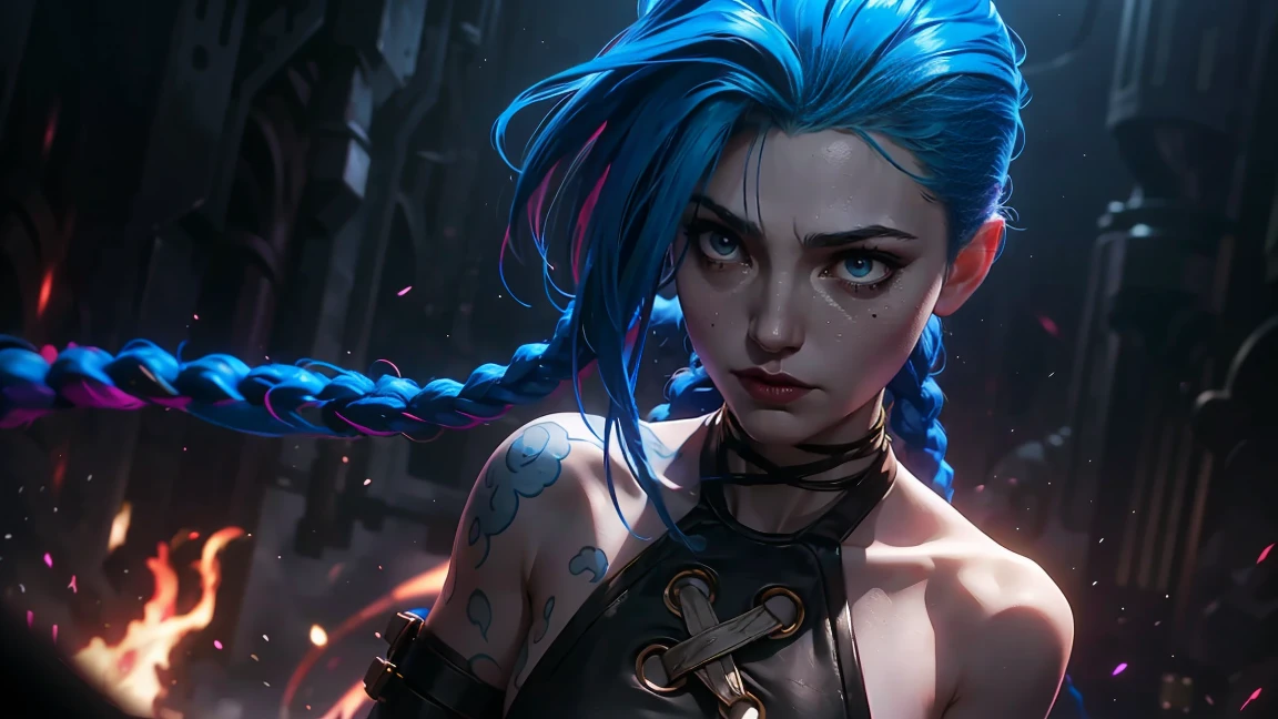 (masterpiece, Best quality), 1 girl, portrait very detailed face, very sexy, volume , full length (Whole body 1.1.), Crazy look, smile, pink tears, (tears on the cheeks, tears from eyes,) очень female, fighting stance, combat, neon lettering, explosions, darkness, fog, beautiful waist, gloomy composition, flame, fire, Flash, very beautiful, female, long hair, hair braided in long braids, very sexy, skinny leather pants, Focus on the eyes, emphasis on the face, Beautiful face, hands, Kosaed tail, red purple eyes, Jinx is crying, Blue Cloud Tattoo, (masterpiece, Best quality), Side lighting, beautiful detailed eyes, crazy face), (Best quality), (masterpiece), magic photography, impressive lighting, photorealism, Ultra detailed, intimate portrait composition, 1. 4,8 thousand. uhd, aesthetic, cd., a high resolution, 8 thousand., Better lighting, Best shade, Ultra-HD, a high resolution, Sharp Focus, complex background, cinematic lighting, ((landscape view)), block 4K, (Better lighting), ((cinematic lighting)),