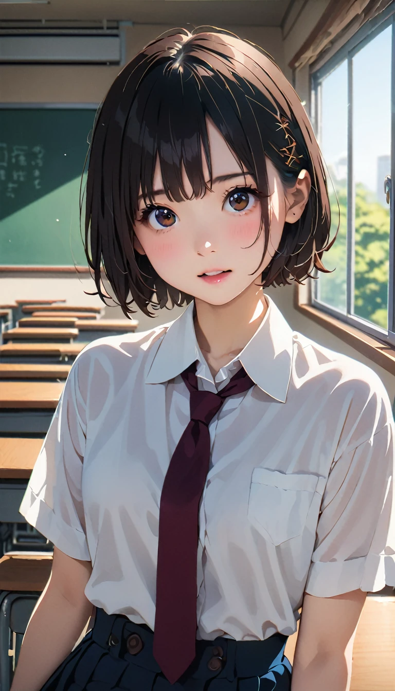 (masterpiece, Highest quality:1.2), 1 girl, alone、(Tabletop, Highest quality:1.2), 8k, 18-year-old, 85mm, Official Art, RAW Photos, Absurd, White dress shirt, Cute Face, close, Upper Body, Viola Lace, Gardenia, beautiful girl, (Dark red tie:1.1)、(Navy Pleated Skirt:1.1), Cinch waist, Thighs, Short sleeve, classroom, ponytail、short hair、short hair、sit on bench seat, Looking at the audience, No makeup, (smile:0.4), Film Grain, chromatic aberration, Sharp focus, Face Light, Bright lighting, Teen, Detailed face, ((Background blur,日本の学校のclassroom、classroom、Cherry tree seen from the window))