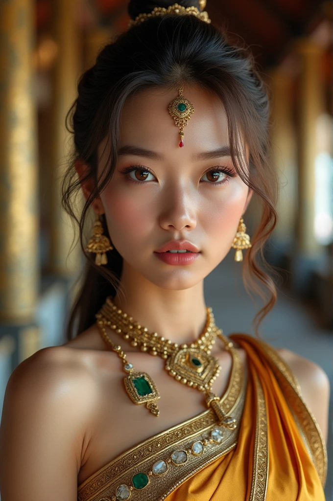 ((dynamic gesture,half body shot:1.4)) (Real like:1.5), ((Beautiful, detailed face, Beautiful wide-open eyes details, 8K Olive Green Pupil:1.3)), ((Masterpiece,Exceptionally high quality, Ultra High Resolution:1.2)), ((realistic skin, Details Very detailed.:1.2)), (unity wallpaper 16k:1.1), (HD quality,HDR), ((Style of the surrealist painters, a Masterpiece of ultra-realistic portraits, The great work of photography experts)), ((Nikon d750f/1.4 55mm)), ((Dynamic angle,professional lighting, Physical rendering)), ((Bright colors)), (Beautiful and realistic Thai girls), (Sexy and attractive face, The body is perfectly proportioned.), ((Small Breasts)), ((light brown hair,long wavy hair,Ponytail, front)), ((Venus of the East)), ((princess thai:1.3)), (Gorgeous Thai costumes with intricate details,Gorgeous dress, Beautiful gold jewelry, complicated details,Luxury accessories,gorgeous edge, Complicated details,Various gems:1.2), ((Thai Buddhist Temple)) negative sign