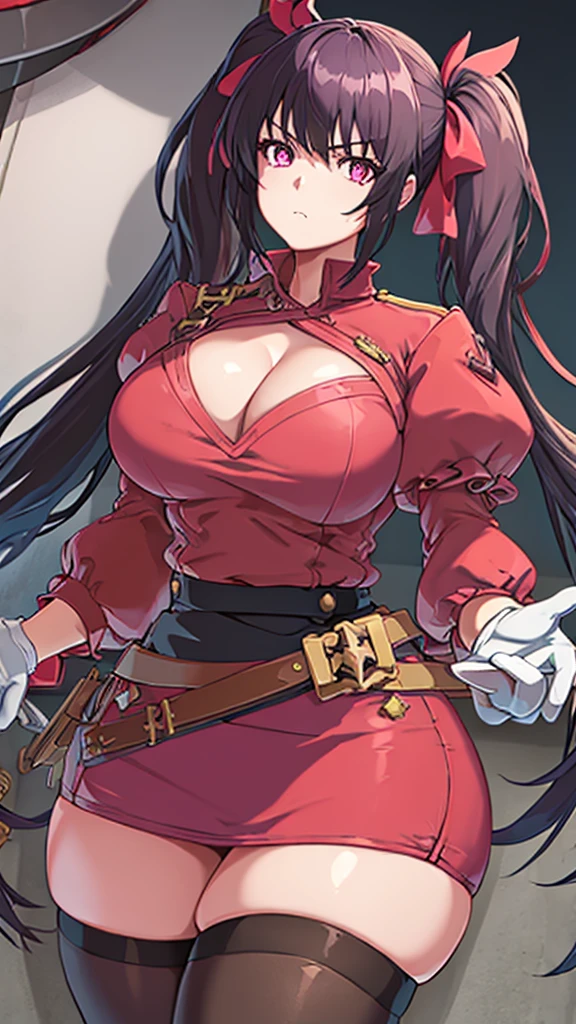 High detailed, masterpiece, High detailed, 1 girl, solo, dark violet hair, large curly twintails, twintails ribbon, pink eyes, big busty, firm chunky body, Red shirt, , deep cleavage, Juliet sleeves, pencil skirt, black thighhighs, white gloves, tall, serious