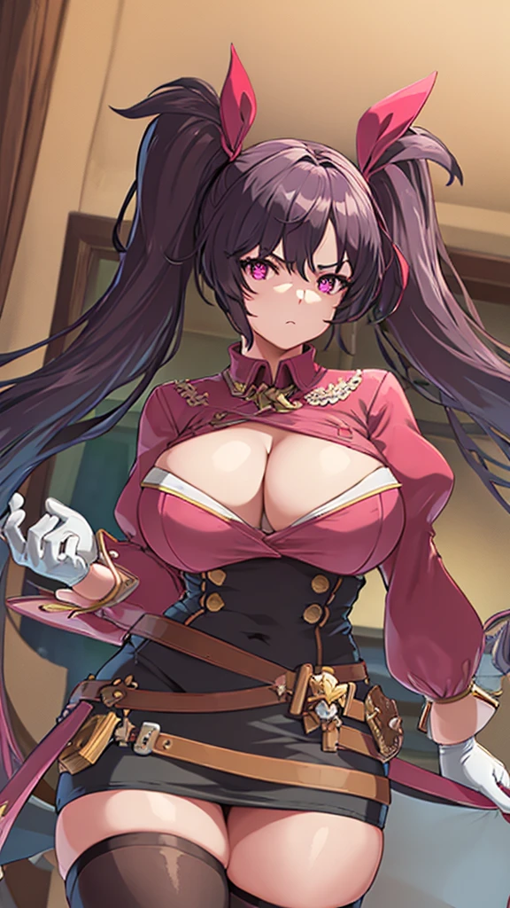 High detailed, masterpiece, High detailed, 1 girl, solo, dark violet hair, large curly twintails, twintails ribbon, pink eyes, big busty, firm chunky body, Red shirt, , deep cleavage, Juliet sleeves, pencil skirt, black thighhighs, white gloves, tall, serious