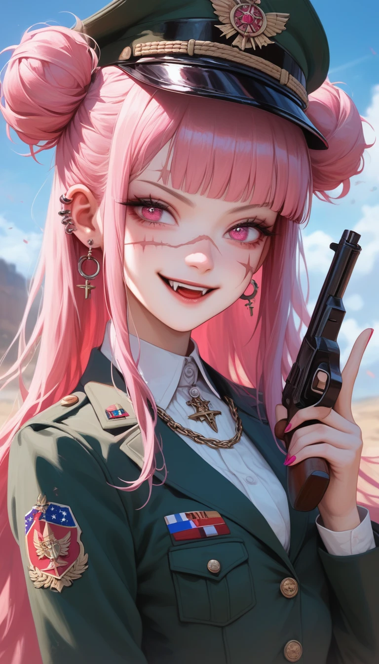 Masterpiece, Score_9, score_8_up, 8k, ultra-detailed, Ultra-high resolution, high-quality, 1girl, cute, scrunhie, perfect anatomy, pink hair, pink eyes, long hair, double bun haircut, blunt bangs, goth girl, scar, scar on face, scar on eyes, blood on face, chain necklace, ear piercing, piercing, small breasts, soldier blazer, soldier uniform, military hat, army girls, standing, miltary trousers, annoyed, v-shaped eyebrows, evil smile, fangs, teasing, holding a gun, cowboy shot, looking away, looking to side, military background, sexy