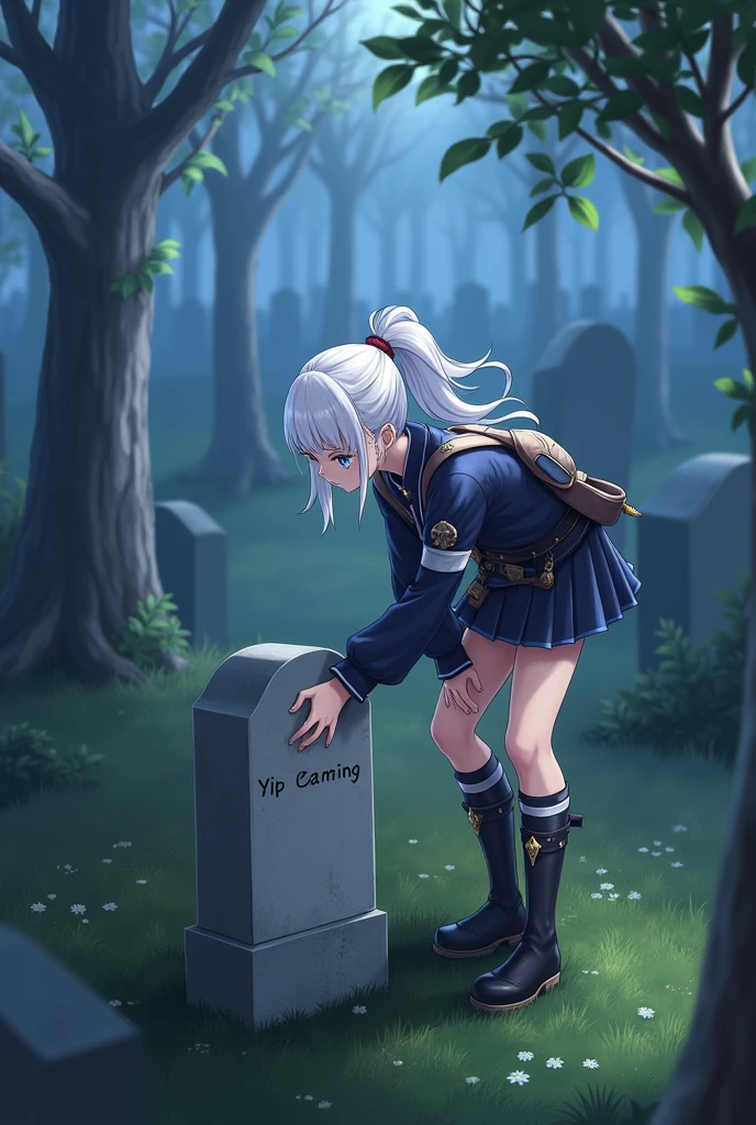 I HAVE A EVERYTHING TO DO, A woman, Genshin Impact character, white hair in a ponytail, blue eyes, leaning in the cemetery, she looks sad. The grave belongs to Yip Gaming, Genshin Impact character. genshin impact art.