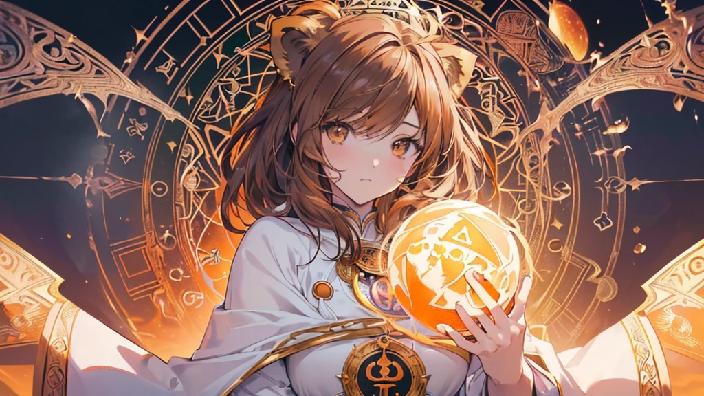 (masterpiece:1.2) Superb quality from the god of art, Very detailed, High resolution, Anime art style, Best Anime 8K , pixiv Contest Winner, Perfect Anatomy  ((((Major Arcana Powers , fortitude))))　(((True Power　magic circle background)))　((Brown eyes　Brown Hair　center　center close-up))　((peace , Mental power))  (((A woman dressed in white、The orange lion is tamed with kindness and compassion.))) (((The woman&#39;s expression is very calm.、It seems that lions are also fond of women.))) (Hercules)　incantation　Runes　Shining Background　Shining Edges　16:9 Image Sizes