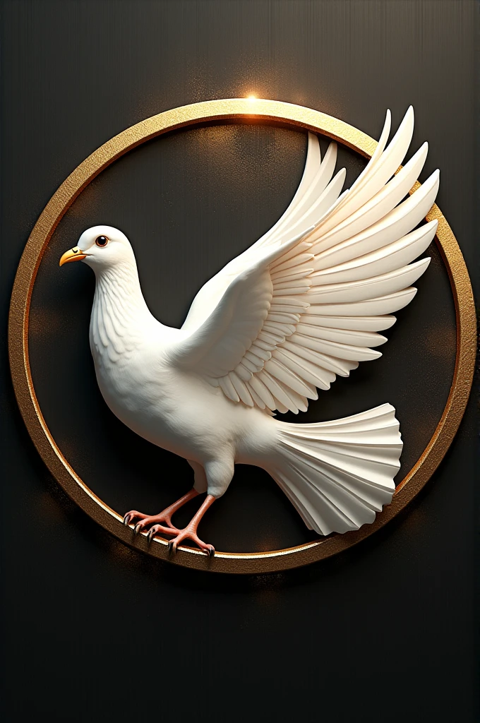 A 4k circular logo of a realistic white dove flying to the left side, with the gold and black background