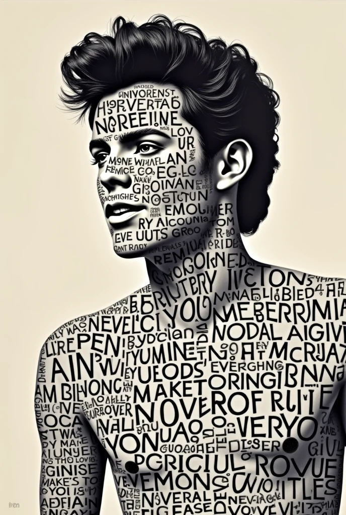 A creative poster featuring a still from the iconic 'Rick Roll' video, where Rick Astley is singing. The image is composed entirely of the lyrics from 'Never Gonna Give You Up, reading "We're no strangers to love
You know the rules and so do I (do I)
A full commitment's what I'm thinking of
You wouldn't get this from any other guy
I just wanna tell you how I'm feeling
Gotta make you understand
Never gonna give you up
Never gonna let you down
Never gonna run around and desert you
Never gonna make you cry
Never gonna say goodbye
Never gonna tell a lie and hurt you"with the text arranged in varying sizes and shades to form Rick Astley's face and upper body. The text is clear enough to read, with a focus on the most recognizable parts of the song like 'Never gonna give you up' and 'Never gonna let you down.' The background is minimalistic to highlight the text-based artwork, and the overall design has a retro 1980s vibe.