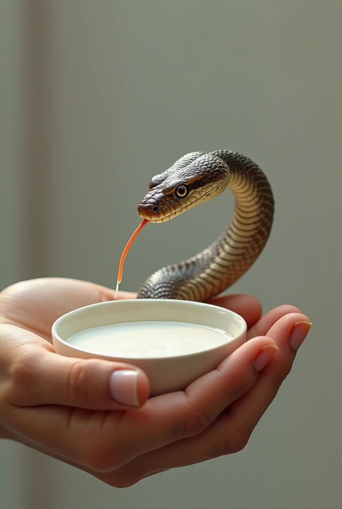 A snak drinking milk by a  hand