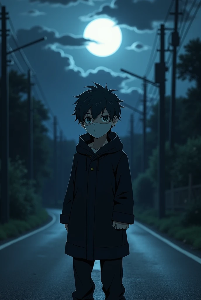 Anime boy in
dark area in road
White Full Face mask
Moon in the back