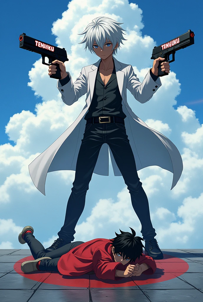 black kid anime kid with guns that have the word Tenjiku slayer while he is sitting on clouds with a anime boy with a red coat with a yin and Yang logo on the floor injured while he stands on them and he has a white suit all black pants and has black skin and he has black skin with pistols MAKE THE BOY BLACK with white hair