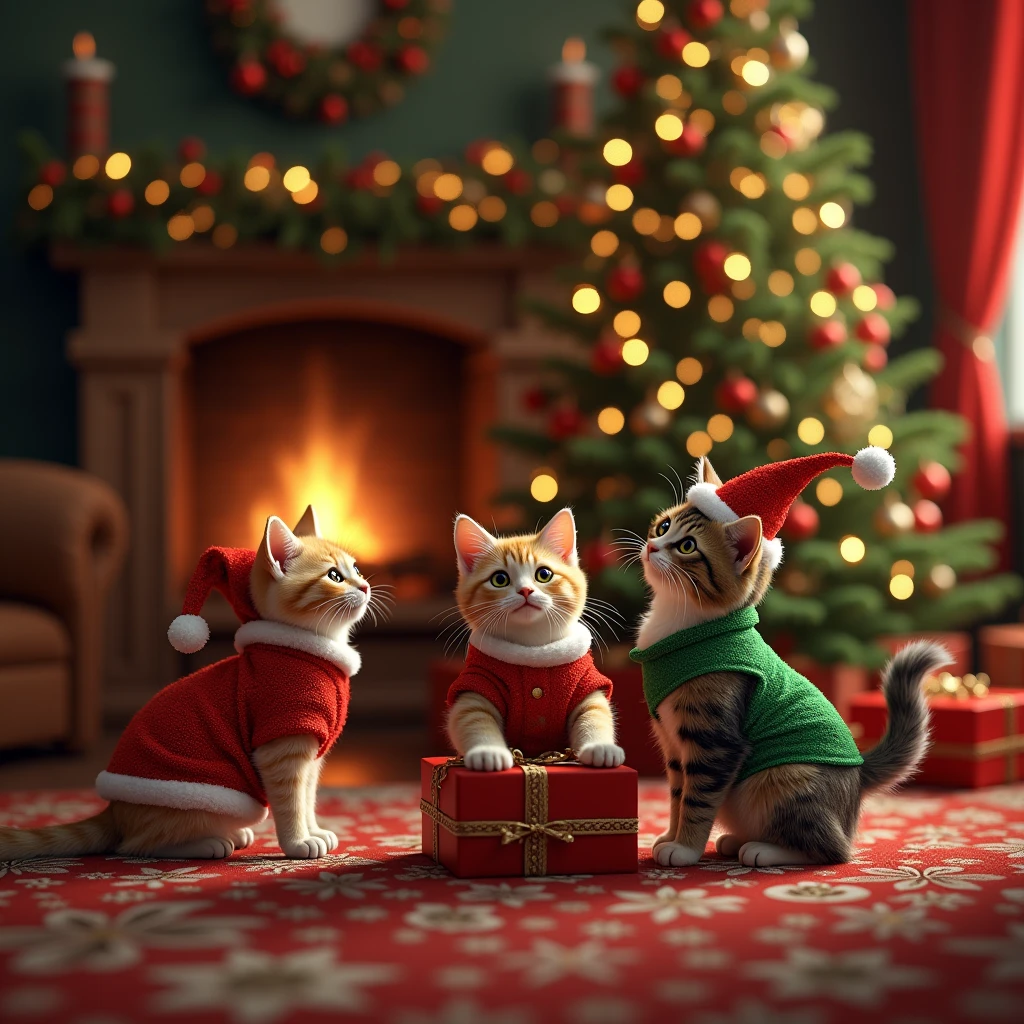 detailed christmas tree,cozy fireplace,3 cats in christmas costumes playing on a gift-filled carpet,16k,best quality,ultra-detailed,ultra-fine,masterpiece,(realistic,photorealistic,photo-realistic:1.37),vivid colors,warm lighting,holiday atmosphere,christmas decorations,festive scene,(intricate,complex:1.2),cute cats,feline grace,soft fur,playful poses
