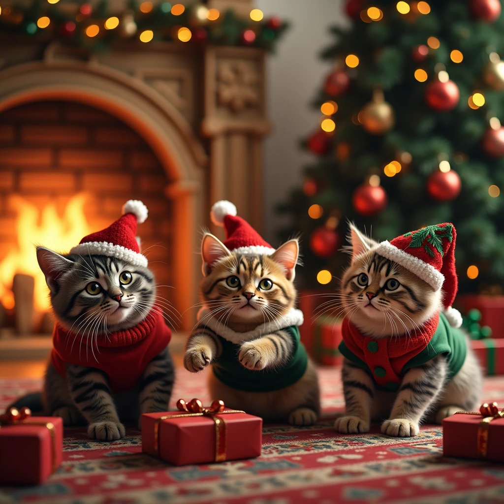 detailed christmas tree,cozy fireplace,3 cats in christmas costumes playing on a gift-filled carpet,16k,best quality,ultra-detailed,ultra-fine,masterpiece,(realistic,photorealistic,photo-realistic:1.37),vivid colors,warm lighting,holiday atmosphere,christmas decorations,festive scene,(intricate,complex:1.2),cute cats,feline grace,soft fur,playful poses