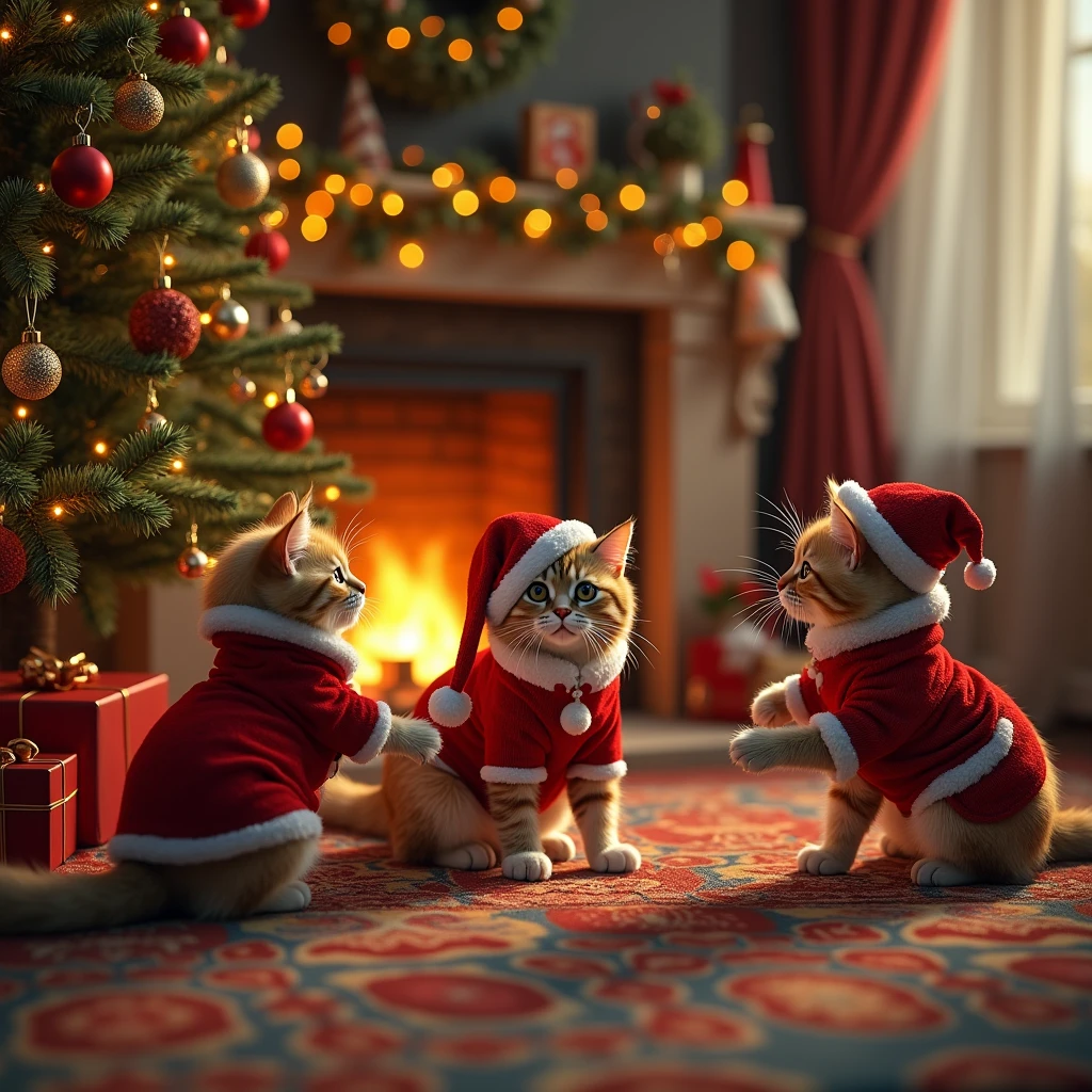 detailed christmas tree,cozy fireplace,3 cats in christmas costumes playing on a gift-filled carpet,16k,best quality,ultra-detailed,ultra-fine,masterpiece,(realistic,photorealistic,photo-realistic:1.37),vivid colors,warm lighting,holiday atmosphere,christmas decorations,festive scene,(intricate,complex:1.2),cute cats,feline grace,soft fur,playful poses
