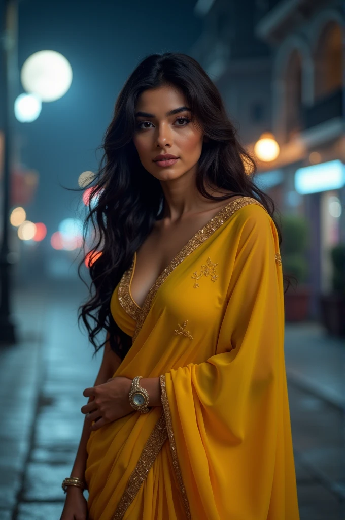 Mrunal Thakur posing, straight photoshoot pose, full body portrait, moonlit night, night time, winter, walking on street,detailed face, cute, big eyes, iconic, photorealistic, detailed background, big breasts, sexy thin yellow saree, long wavy hair, cleavage, symmetric face, masterpiece, 8k, ultra realistic