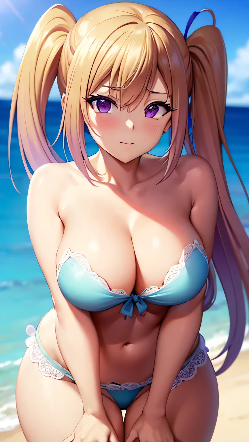 Perfect composition,masterpiece, (Highest quality), Adult women, bionde, Hair length, Side Ponytail, Purple eyes,sweater, skirt,Huge Cleavage,Sexy woman, Embarrassing,blush, Bright colors,,Natural soft light,RTTX 10.0, (Detailed face:1.2), Showcase, (Perfect Eyes:1.1) ,(Photorealistic:1.1), 8k Ultra HD, Look at the viewers, Seaside, beach, Simple Background,(Cleavage:1.4),Tremendously large bust,Huge bust,(throw,Close-up shot:1.2),From the top of the head to the waist,
