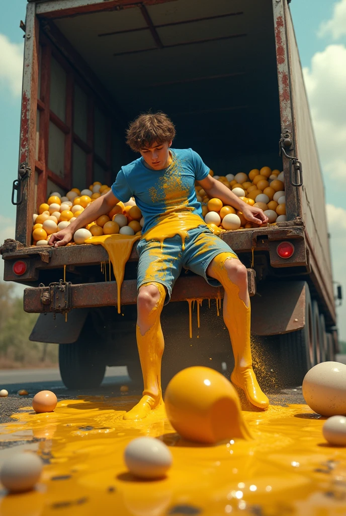 A brown-haired 15 year old France man in a blue T-shirt drives a truck with many egg but the truck fall
his boday are hanging uncooked egg yolk