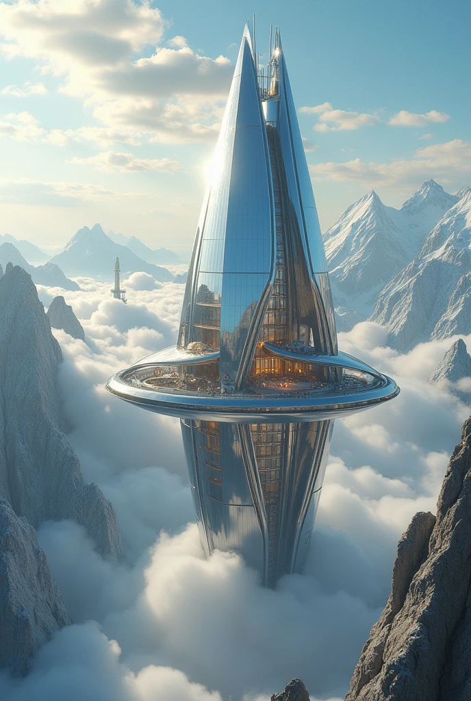 A breathtaking view of a futuristic palace, soaring above towering mountains, made of sleek glass and glossy reflective Metallic silver and gold materials. The palace is a stunning sight to behold, with 300 rooms that glisten in the sunlight. The structure appears to be floating on a sea of clouds, creating a surreal and otherworldly atmosphere. In the distance, one can see other smaller structures, creating a miniature city. The overall ambiance is a blend of high-tech sophistication and awe-inspiring beauty. , retina, accurate, masterpiece, super detail, high details, best quality, award winning, highres, HD, 4K, 8k, 16k, retina, accurate, masterpiece, anatomically correct, textured skin, super detail, high quality, award winning, highres, 8k, 16k
