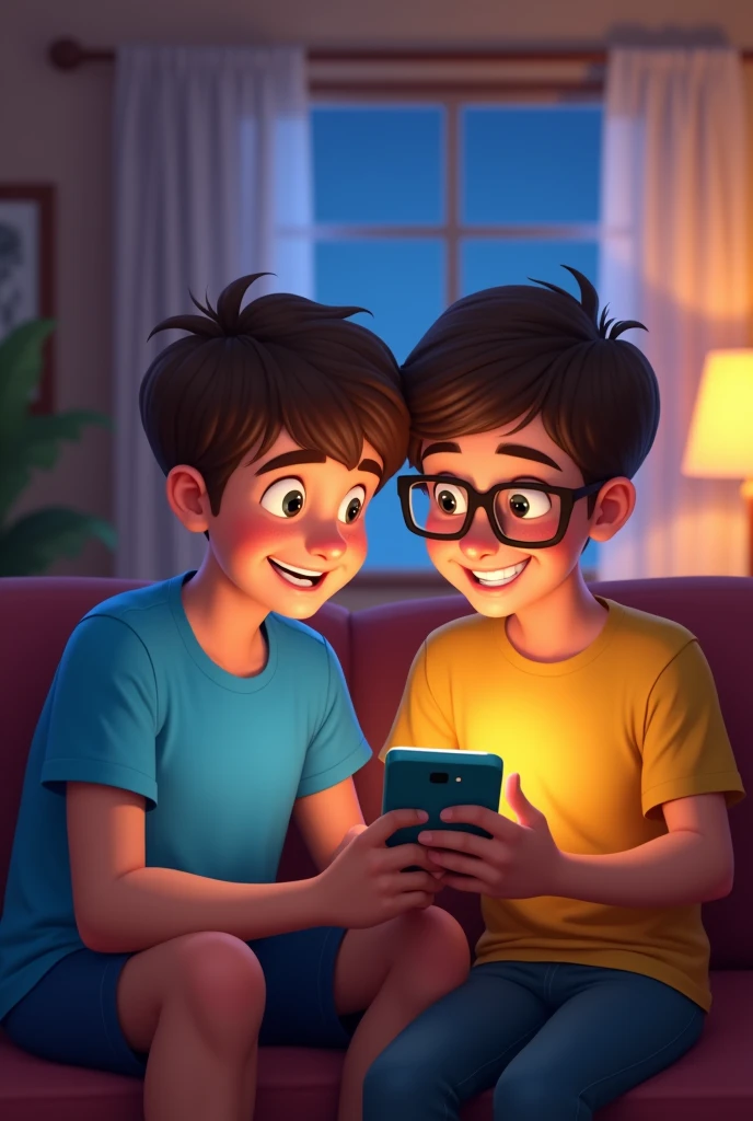 Two teenage boys, Looking at a smartphone in the living room, Disneyピクサーの漫画ポスターを作成する. Blue shirt and yellow shirt. Fat boy and skinny boy, smile, He wears glasses.、Has short brown hair. Depict this scene from the perspective of someone facing the phone, smile. Disney, Pixar Style, This art in full HD ,Colorful and pop , Focus on the cinematic touch, Disney/Pixar Animation Style Vertical 1920 Create a 1080-size image