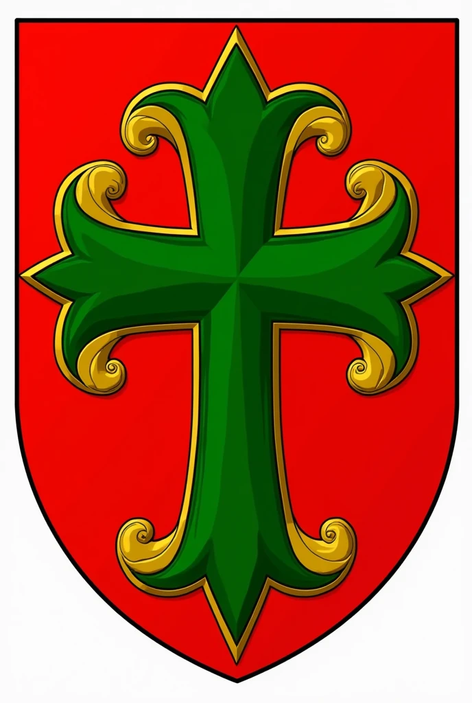 Create a coat of arms of the LUGO family name. In a gules field, a gold fleur-de-lis cross filled with green angled with four gold spikes.
