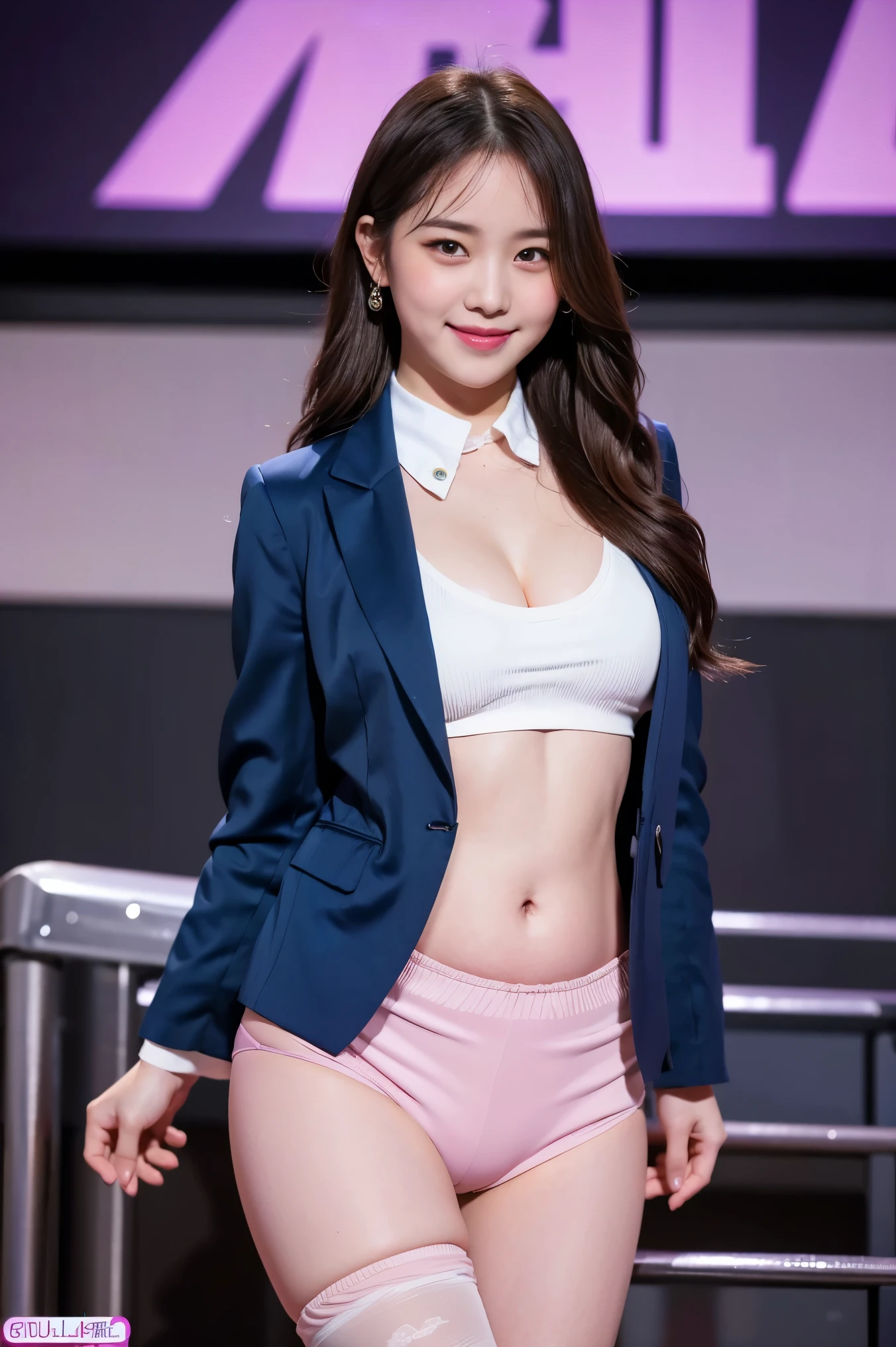 (8k), (highest quality: 1.2), (Realistic), (Realistic: 1.37), Ultra-high resolution, 1 girl, cute, (Embarrassed smile:1.2), (Blushing:1.4)Mouth closed, Beautiful details, Beautiful Nose, silky black Hair, Thighs,Navel exposed,University Student Uniform,A simple spancall blazer, tiny hot pants,Platform boots,Dancing on the school stage,(Shiny Thighs:1.2),Medium Shot,(Thick thighs:1.2),Super Low Angle, silky skin thighs,Dance vigorously,(Kim Chaewon:1.0),(loose sox:1.2),(Bulging genitals:1.5)