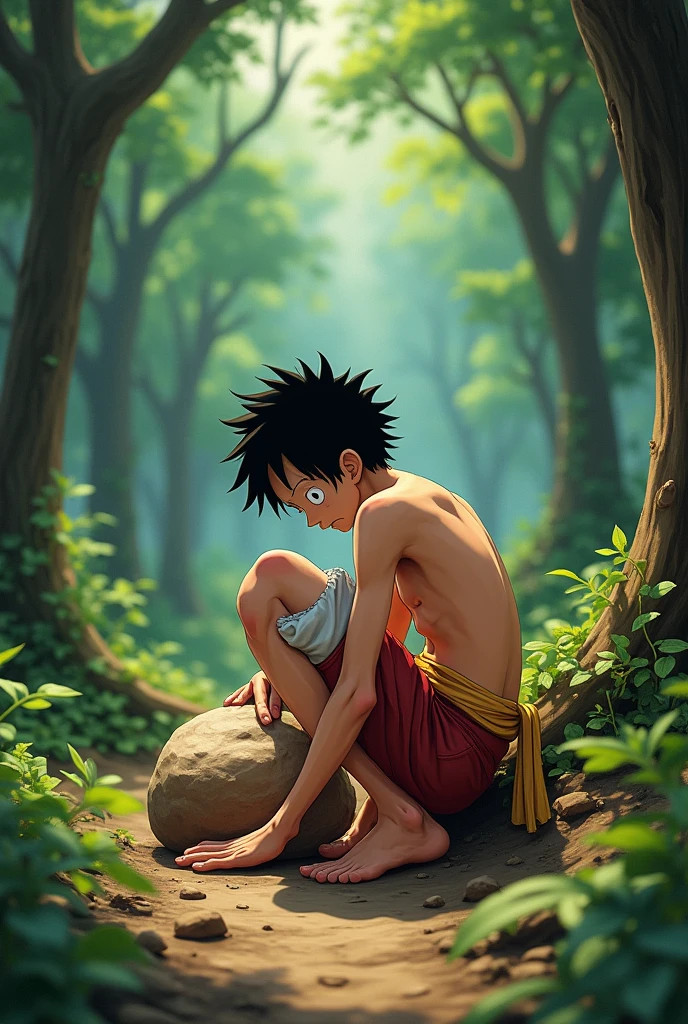 Monkey D. Luffy small penis very thin very thin waist cute delicate face short hair black naked, he is squatting face down in a forest defecating a huge poop coming out of his anus, and the anus defecating