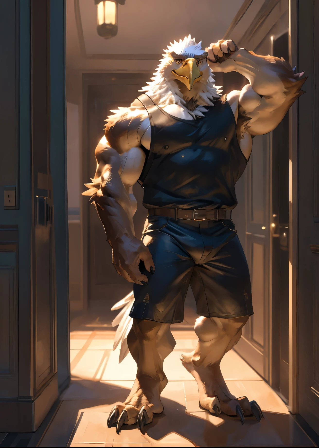 By Taran Fiddler, One male, Solo, Muscular, Matured male, dilf, eyebags, furrowed brows, Avian, Eagle, Bald Eagle, infront of closed dark brown door, apartment hallway, wearing black tank top, wearing black sunmer shorts, hand scratching behind head, conflicted body language, mervous, grimacing, smiling anxiously, Eagle looking nervous, tapping foot, looking down, establishing camera shot, super detailed, dynamic posing, looking at viewer