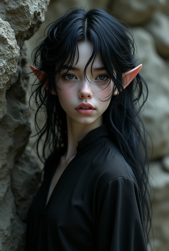 adolescent, tall, male
elf, elfish black hair , dark eyes, pale skin, stone background