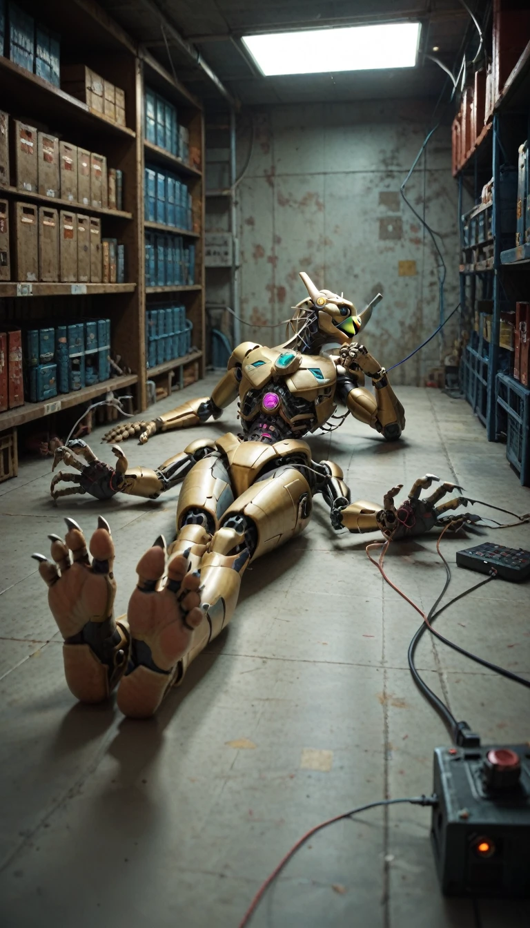 （Robot Dragon), Solitary,, Detailed scaly skin texture, (Cyberpunk), (Wear a dance costume), ,Feet are clawed and wearing Egyptian sandals,White ceramic body，Wires and cables that connect the header and body，Mechanical limbs，Trunk wires and cables，Mechanical plug,Wire inserted into the belly, dawn, shadow, Bright environment, (Chest gemstones), , (Kantanagarmouli)), (Bottom view), Looks excited, [Simple background], Detailed student, Masterpiece Artwork, Caustic lines, Rim Light, Single light source, 清晰的shadow, Finger claws, (Digital Grade, Claws), (Hanfu),Lying in the warehouse，Soles facing the screen