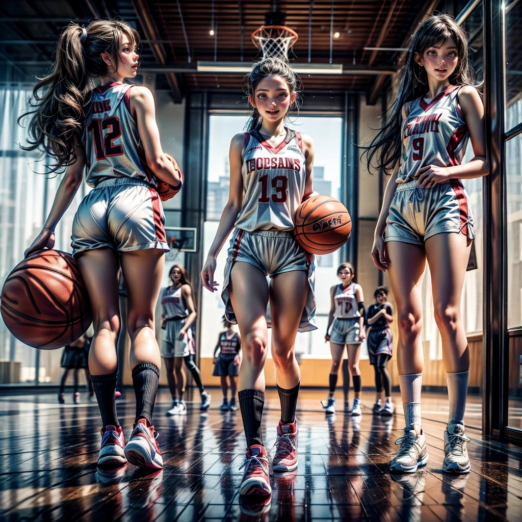 ExtremelyDetailed (((Basketball Team Girls in a row:1.4))), Childish perfect face, Reflective Eyes, Detailed(Delicate Clothing textures), Corrected Leg to Foot Line, Corrected Perfect Hand, Dynamic Joyful Expressions LifeLike Rendering, ((Specular Reflection:1.28)), TopQuality 8K Ultra-detailed masterpiece (ProfessionalPhoto:1.37)(Acutance:0.8),(Luminism:1.22), ((Changing Clothes Exposed Underwear))