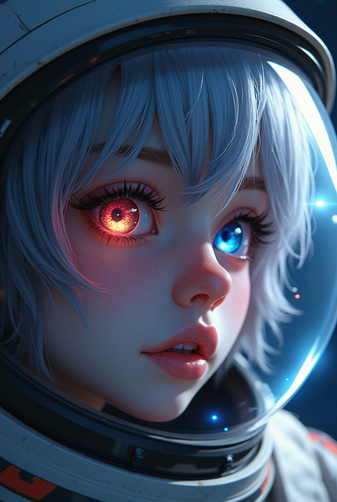 (Close-up of a better masterpiece:1.5)0.9], (Space and astronauts:1.2) (Messy silver hair:1.1) (Heterochromia xanthochromia and blue eyes:1.2) (Space Helmet:1.0) (Colored stars in the eyes:1.0) (A radiant glow:1.1) (thick lips:0.9)
