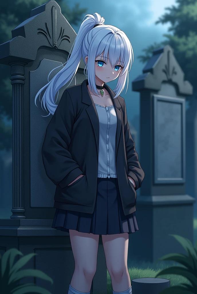 I HAVE A EVERYTHING TO DO, A WOMAN of at least 19 or 20 years old, Genshin Impact character, white hair in a ponytail, blue eyes, leaning in the cemetery, she looks sad. The grave belongs to Yip Gaming, Genshin Impact character. genshin impact art.