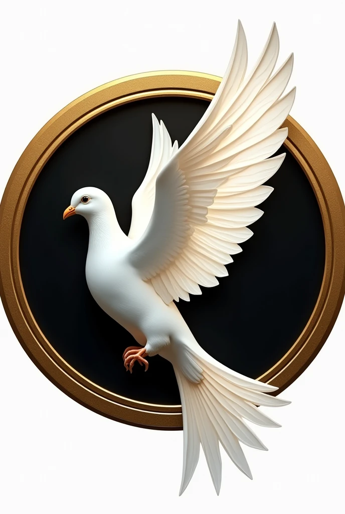 a circular logo of a realistic white dove flying to the left side, with the gold and black background