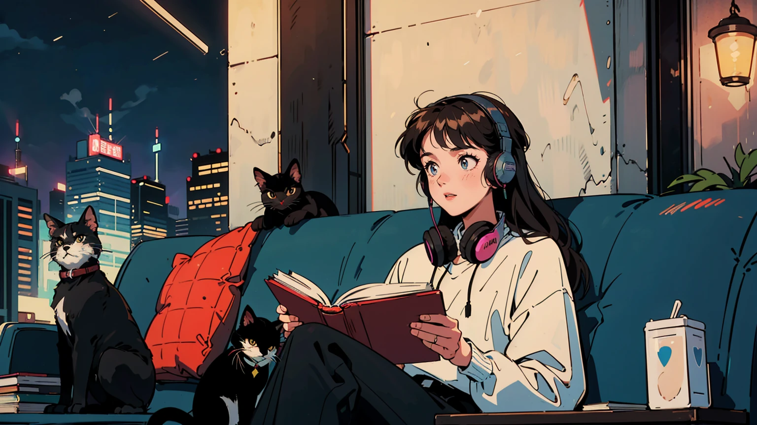 Highest quality, 8k, 1990s style,Hairstyles of the 2010s, 21 year old girl, Black Hair, Long Hair, Light brown eyes, City Pop, pants ,Night view, Wear headphones,Reading a book, whole body, Relax Coffee,table,making,look at me, Black cat