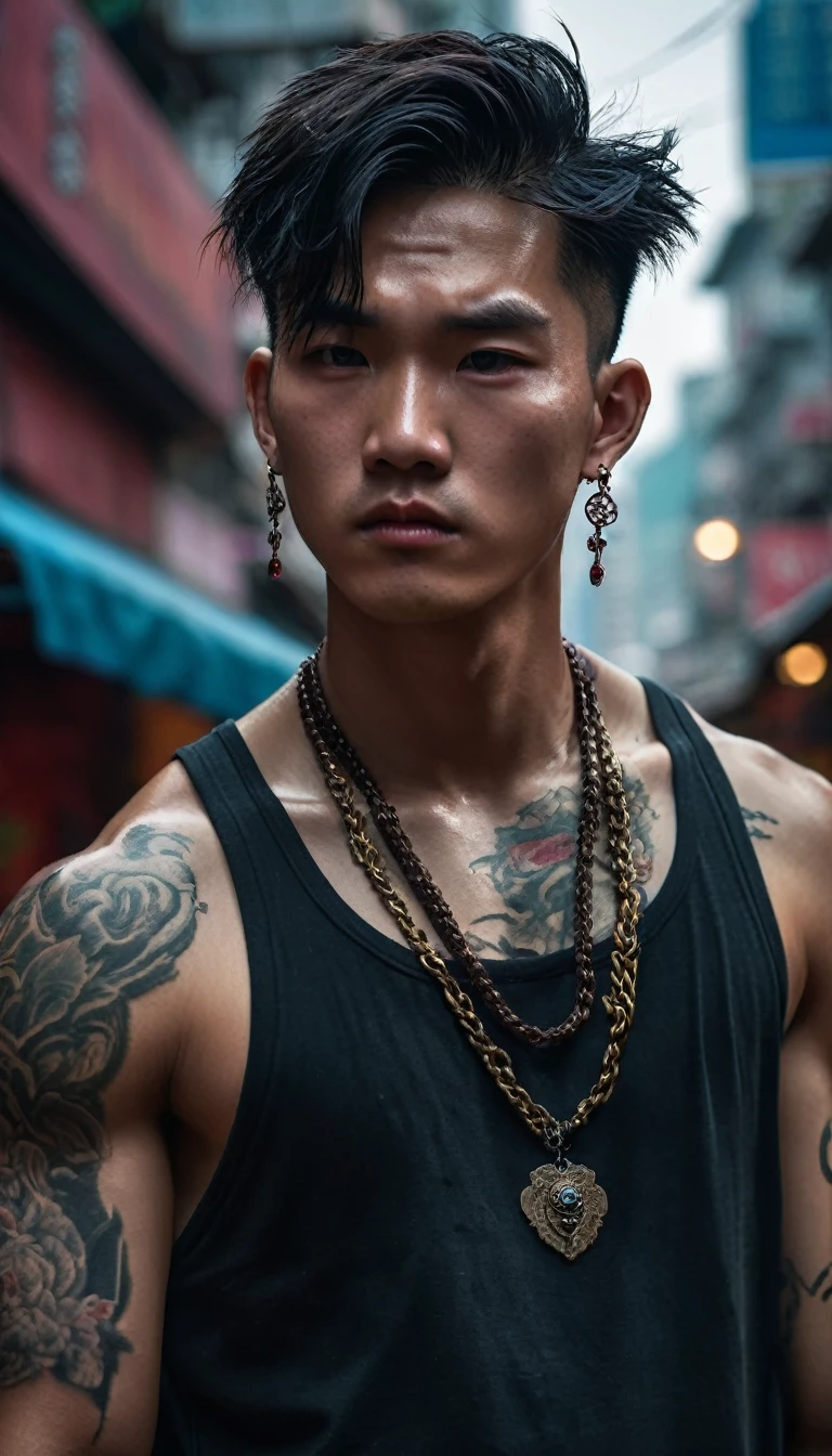 ((Close-up)) of a man, extremely handsome, , muscular, tattooed, wearing a necklace, hair tied up, street scene, gangster style, romance, Hong Kong cinema. Eyes are filled with sadness and longing. The background is a trail of blood and violence. 
Kind, slightly curved lips suggesting a faint smile. Wide, almond-shaped eyes with a deep, melancholic gaze. Eyebrows slightly furrowed, conveying inner turmoil. Eyes are filled with sadness and longing. Smooth forehead with a hint of worry lines. 
The atmosphere is tense and foreboding, with a hint of supernatural energy. HongKong cinema.Hyper-realistic digital painting style with fine details. High-resolution image emphasizing texture of skin and eyes. Hyper-realistic digital art style, high contrast, dramatic lighting. Cinematic lighting, high detail, 8k, artstation, conceptual art, dark fantasy. Photo taken with Canon EOS R5 85mm f/11 camera, ((sharp)) mode of people and surrounding scenery. Image quality ((8K)), ((realistic)), ((masterpiece)), ((sharpest and highest contrast)), ((excellent depth of field)), ((stereoscopic lighting)), ((Kind, nice)), detailed pores, ((Direct light on face)), bright moonlight.