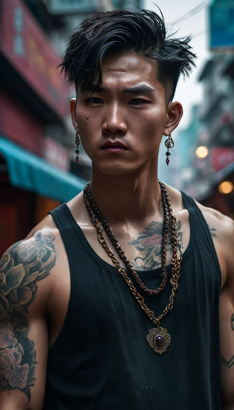 ((Close-up)) of a man, extremely handsome, 15 years old, muscular, tattooed, wearing a necklace, hair tied up, street scene, gangster style, romance, Hong Kong cinema. Eyes are filled with sadness and longing. The background is a trail of blood and violence.
Kind, slightly curved lips suggesting a faint smile. Wide, almond-shaped eyes with a deep, melancholic gaze. Eyebrows slightly furrowed, conveying inner turmoil. Eyes are filled with sadness and longing. Smooth forehead with a hint of worry lines.
The atmosphere is tense and foreboding, with a hint of supernatural energy. HongKong cinema.Hyper-realistic digital painting style with fine details. High-resolution image emphasizing texture of skin and eyes. Hyper-realistic digital art style, high contrast, dramatic lighting. Cinematic lighting, high detail, 8k, artstation, conceptual art, dark fantasy. Photo taken with Canon EOS R5 85mm f/11 camera, ((sharp)) mode of people and surrounding scenery. Image quality ((8K)), ((realistic)), ((masterpiece)), ((sharpest and highest contrast)), ((excellent depth of field)), ((stereoscopic lighting)), ((Kind, nice)), detailed pores, ((Direct light on face)), bright moonlight.