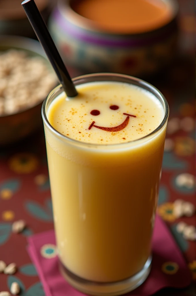 fun photo of a lassi with a smiley face
