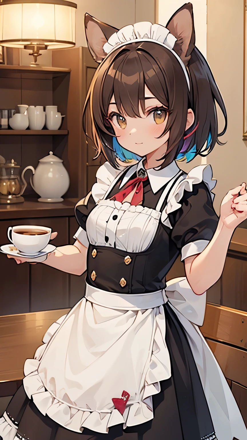 Bob Hair, Shallow brown hair, hair band, Squirrel ears, Art Deco, Shine, Symmetric, throw, Anatomically correct, Textured skin, Attention to detail, Highest quality, Super Detail, maid, pretty girl, Tea Time, Coffee cup, colorful