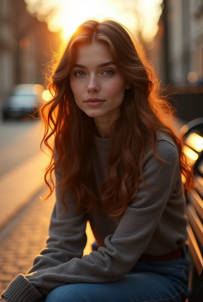 "A photorealistic portrait of a 20-year-old Russian girl gazing thoughtfully at the camera, featuring her long, curly chestnut hair and striking hazel eyes, dressed in comfortable yet stylish casual wear that compliments her figure, full body shot, 8k hdr, high detailed, lot of details, high quality, she should convey a sense of serenity, bathed in the warm glow of sunset as she relaxes on a city bench."