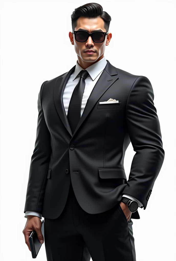 Asian strong buff man(He is strong,buff,confident, wears a suit and sunglasses and look fearless holding phone.)holding phone hand up with white background