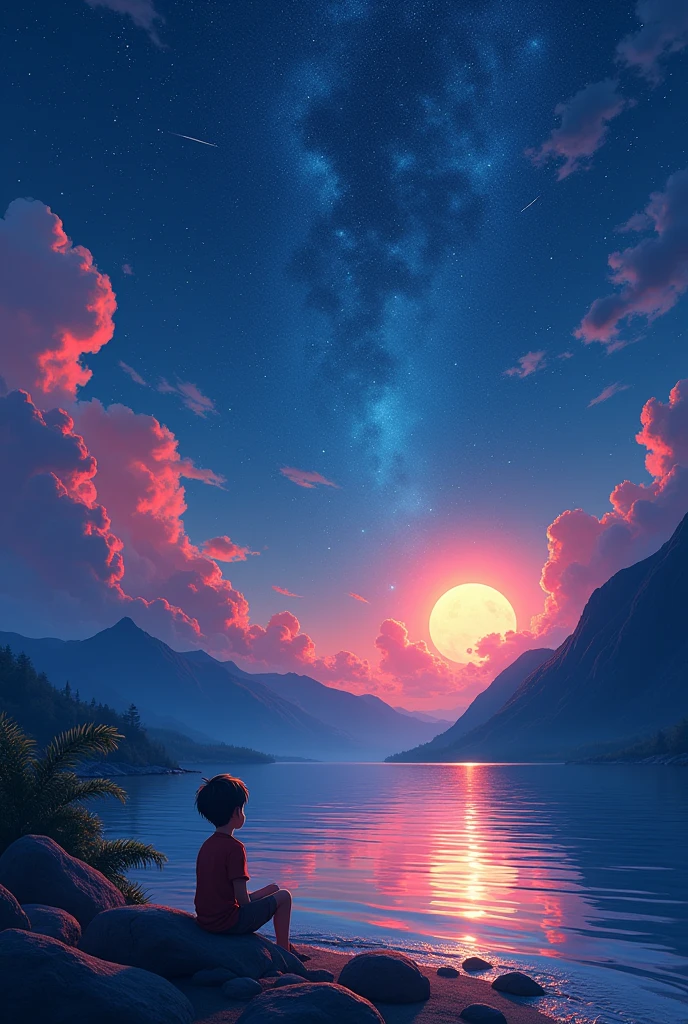 beautiful landscape, seafront, 1boy sitting on seafront looking at sky, dark sky, stars, moon, shooting stars, red clouds, background mountain, Still water reflections, Picturesque, idyllic, work of art, best qualityer, 8k, extremely detaild,anime styling, luxury effect, colorful, shiny, oily effects