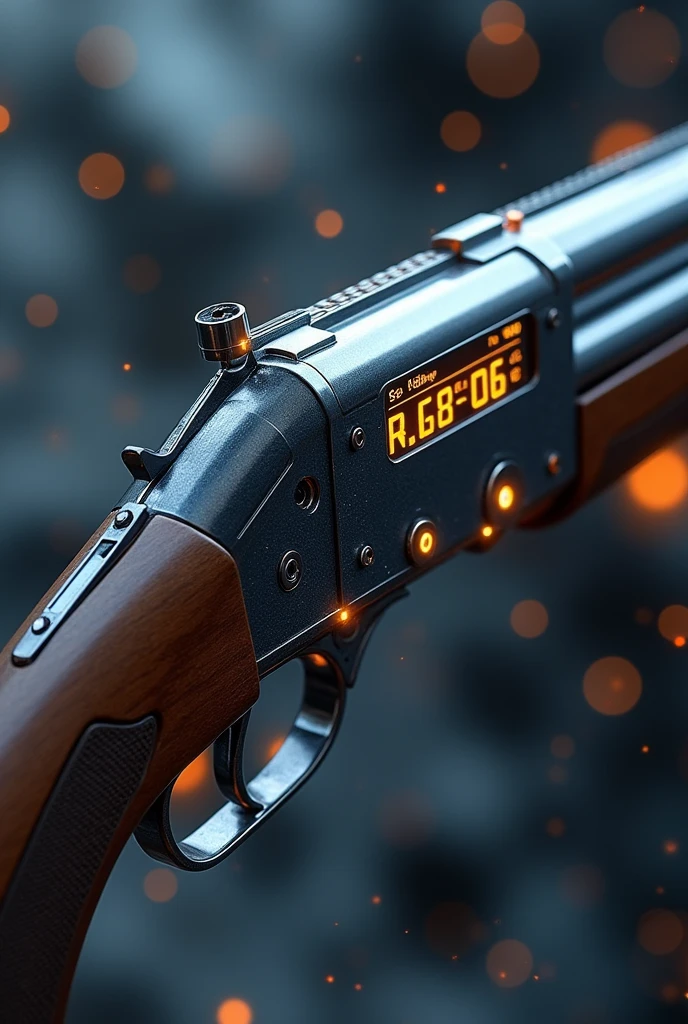 Create an image of a **Horizontal Double-Barrel coligun Shotgun**. The shotgun should have two parallel barrels made of a modern, high-strength material with a smooth metal finish. The handle is made of dark wood with a textured finish for a comfortable grip. The body of the shotgun should combine traditional elements with futuristic design, including visible electromagnetic components. Add details such as a digital display to show the charge level and the number of rounds, as well as LED indicators, giving the gun a modern look. The background can be abstract, with elements of science fiction, to emphasize the uniqueness of this gun.