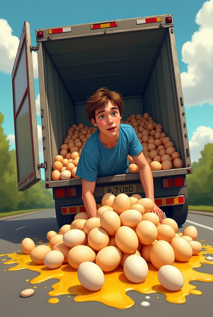 A brown-haired 15 year old France man in a blue T-shirt drives a truck with many egg but the truck fall
his full boday are hanging uncooked egg yolk