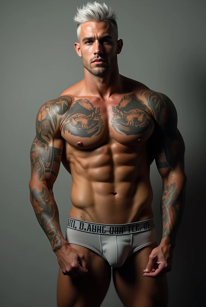 A handsome naked man in boxers with tattoos on his torso and white hair on his pelvis 