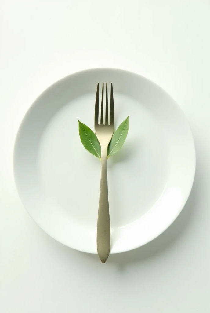 A minimalist plate with a diagonally crossed fork, where the handle of the fork turns into a green leaf.