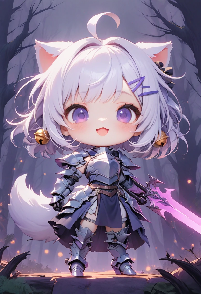 master piece, best quality, ultra-detailed, illustration, 1girl, solo, chibi, (big head), cute pose, front view, looking at viewer, ((full body Close up)), filian, filianoverall, Filiansailor, ((white hair)) , short hair, shoulder length hair, fly-away hair, hairclip, bangs, purple hair ornament, cat ears, (hair bell:1.3) ahoge, purple eyes, open mouth, smiling, (white fox tail), ((spear knight outfit)), knight's armor, metal breastplate, armored gloves, holding a heavy sword , glowing sword , metal greaves, armored boots, spooky forest background, gloomy atmosphere, broken trees