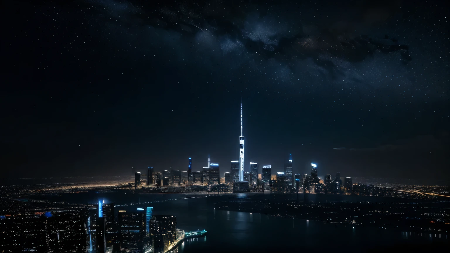 **Prompt for Text-to-Image:**
A futuristic city skyline at night, filled with tall skyscrapers glowinh. The dark midnight blue sky with scattered stars contrasts against the bright city, evoking a sense of endless energy and mystery.