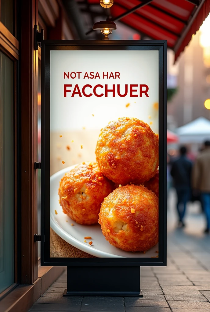 A signboard for meat-wrapped rice balls that are cooked so that the rice is not visible.