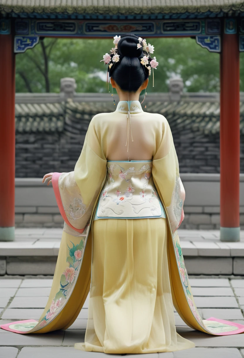 The image of a Qing Dynasty Empress with her bare buttocks visible. The background is the stone paving outside a Chinese palace during the Qing Dynasty. Only her large buttocks are sticking out. She is either wearing underwear or not. Her protruding buttocks are floating up in the air.
Her hair is decorated with a large flower ornament and a large crown.
The back of the hair is tied up and up. Erotic Woman