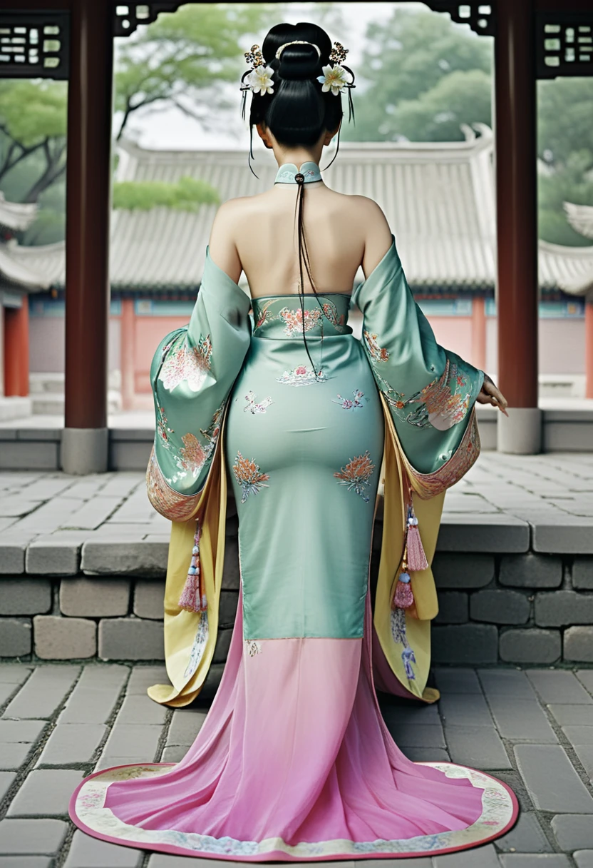 The image of a Qing Dynasty Empress with her bare buttocks visible. The background is the stone paving outside a Chinese palace during the Qing Dynasty. Only her large buttocks are sticking out. She is either wearing underwear or not. Her protruding buttocks are floating up in the air.
Her hair is decorated with a large flower ornament and a large crown.
The back of the hair is tied up and up. Erotic Woman