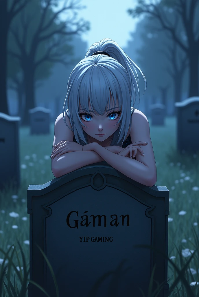 I HAVE A EVERYTHING TO DO, A WOMAN of at least 19 or 20 years old, Genshin Impact character, white hair in a ponytail, blue eyes, leaning in the cemetery, she looks sad. She looks towards the grave. The grave belongs to Yip Gaming, Genshin Impact character. genshin impact art.
