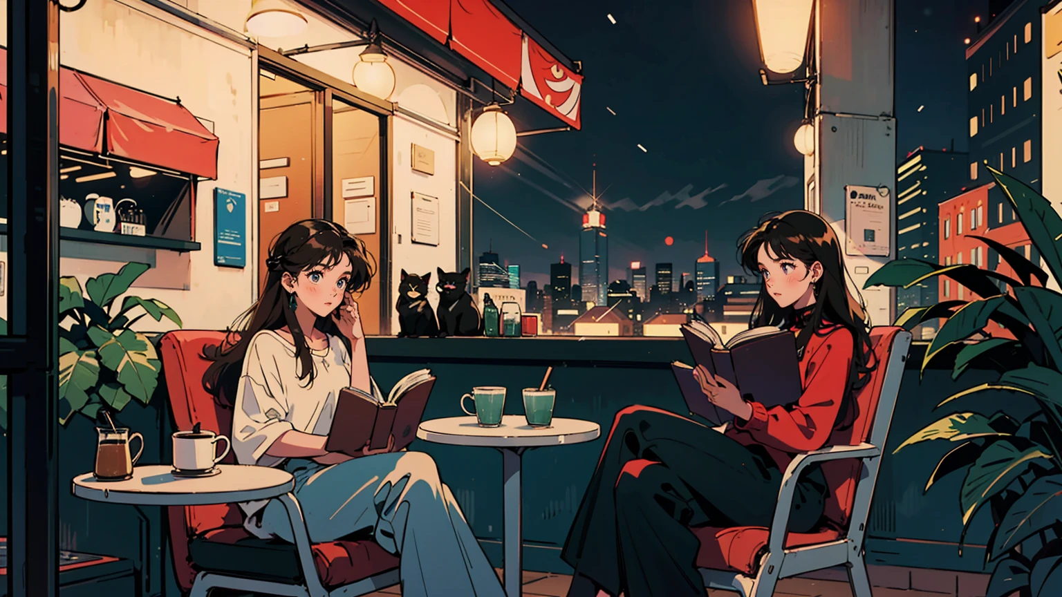 Highest quality, 8k, 1990s style,Hairstyles of the 2010s, 21 year old girl, Black Hair, Long Hair, Light brown eyes, City Pop, pants ,Night view, Wear headphones,Reading a book, whole body,  Relax Coffee,table,making,look at me, Black cat